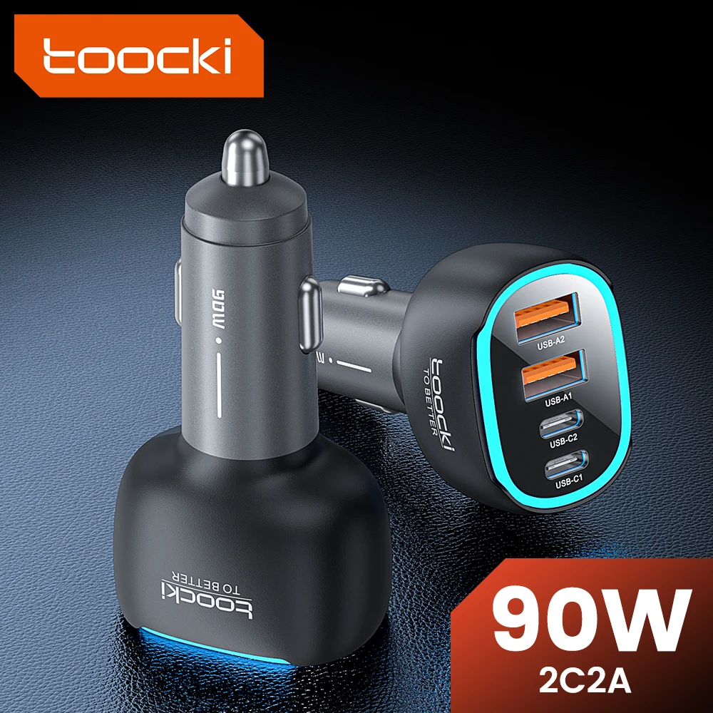 

Автомобильное зарядное устройство Toocki 90W USB-C для телефона, 4 порта, быстрая зарядка PD Qi2.2 45W для iPhone 17 16 Pro, Samsung S25 S24, Xiaomi, со светодиодной подсветкой