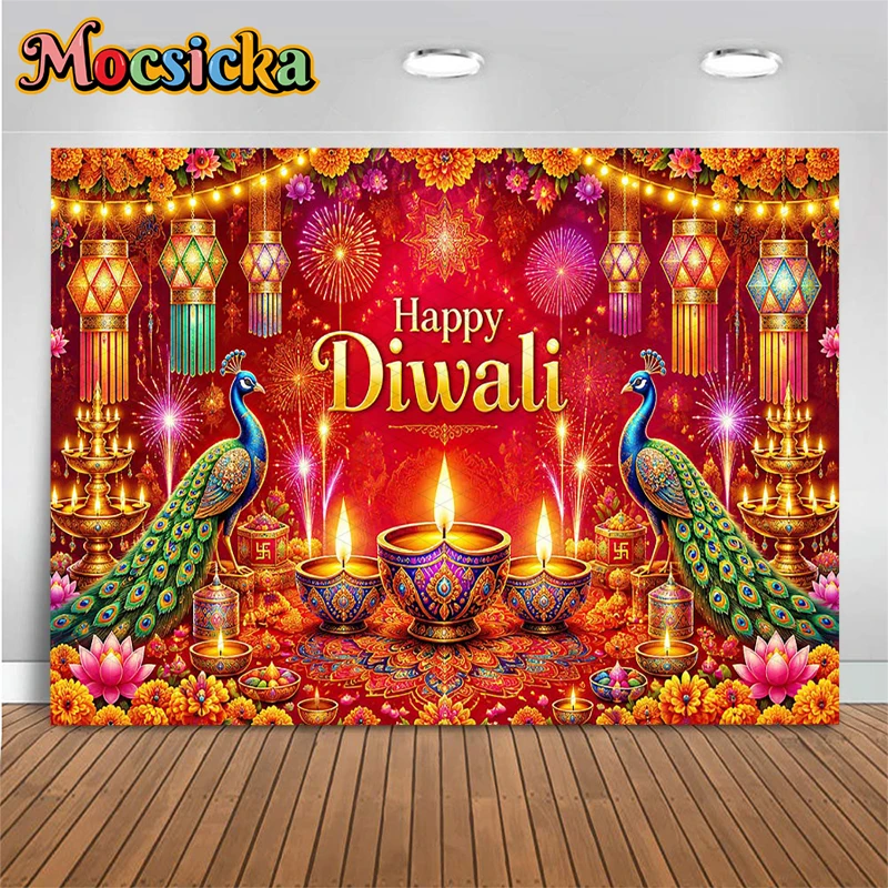 Mocsicka Happy Diwali Backdrop Marigold Lotus Double Peacock Lantern Mandala Rangoli Deepavali Festival Party Photography Banner