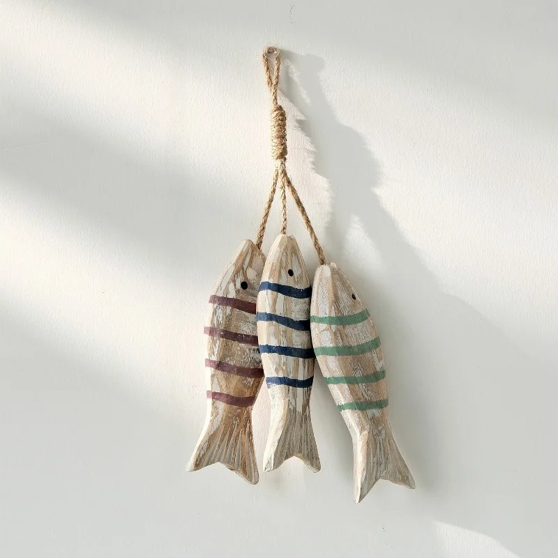 Mediterranean Creative Retro Distressed Wall Ornament Rustic Fish Wood Carved Fish String Fence Tool Room Minimalist Home Decor