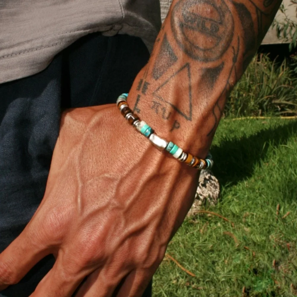 

Trend Bohemian Turquoise Colorful Natural Tiger Eye Stone Bead Bracelet Mens Surfer Bracelet Handmade Jewelry Accessories