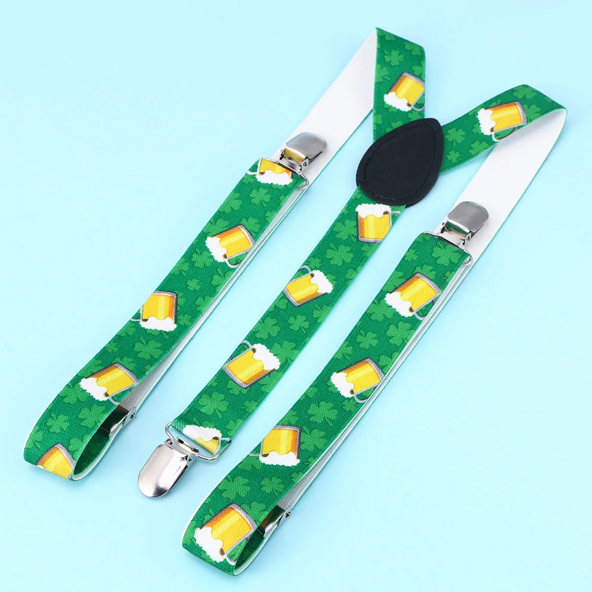 Suspender Elastis untuk Pria Penyangga Bentuk Y yang Dapat Disesuaikan dengan Motif Bir Nyaman dan Aman untuk Celana Pendek Hijau