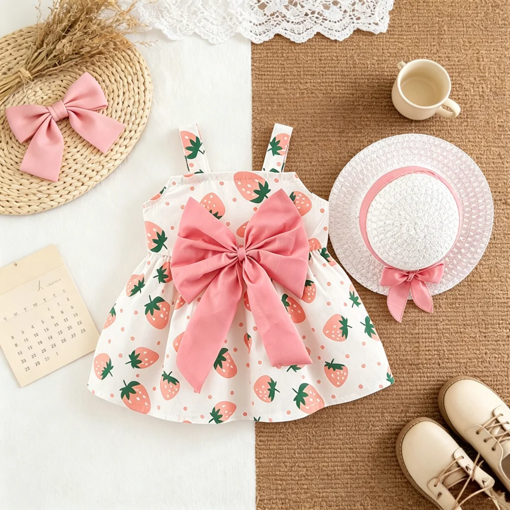 Girls' Dresses Summer Strawberry Bow Strapless Dress Cute Beach Baby Dress With Hat Baby Girl Clothing