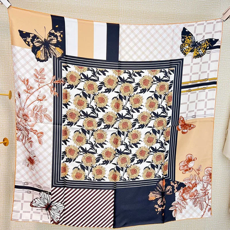 Bufanda de seda de morera para mujer, chal con estampado de girasol, a la moda, 90, 100%