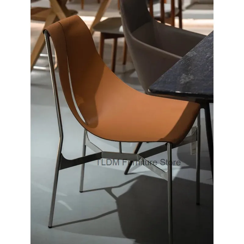 for Curved Leather Armless Dining Chair Side Polished Chrome Metal Chair Frame Minimalist Restaurant Kitchen Home