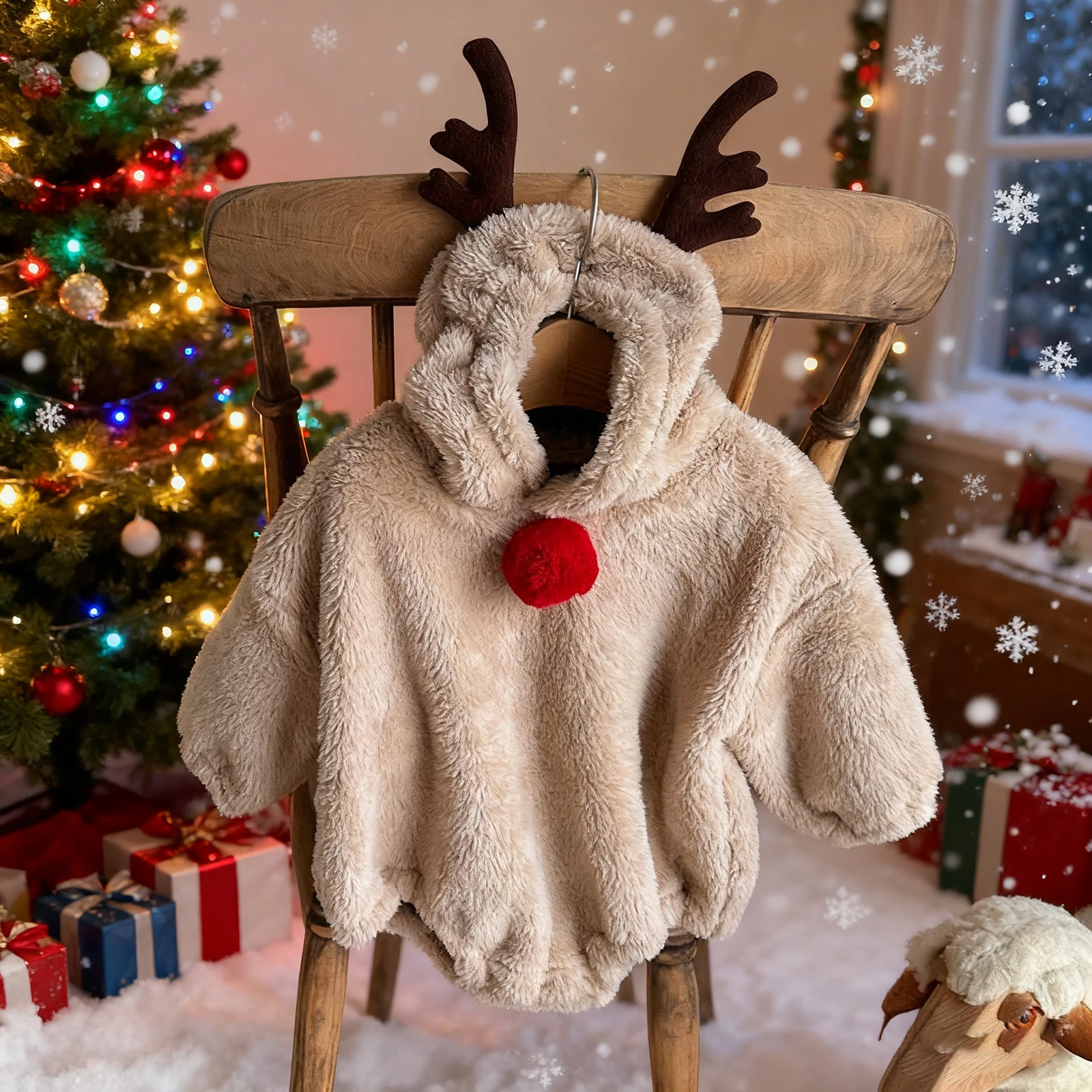 2026 السنة الجديدة طفل عيد الميلاد رومبير عيد الميلاد طويلة الأكمام مقنعين قرون الغزلان الشتاء ارتداءها الملابس للفتيات الفتيان