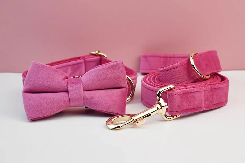 Rosarotes Samt-Hundehalsband und Leinen-Set für Hunde, individuell graviertes Namensschild, Heimtierbedarf, Hundeleine, Velvet23 – Detail 5