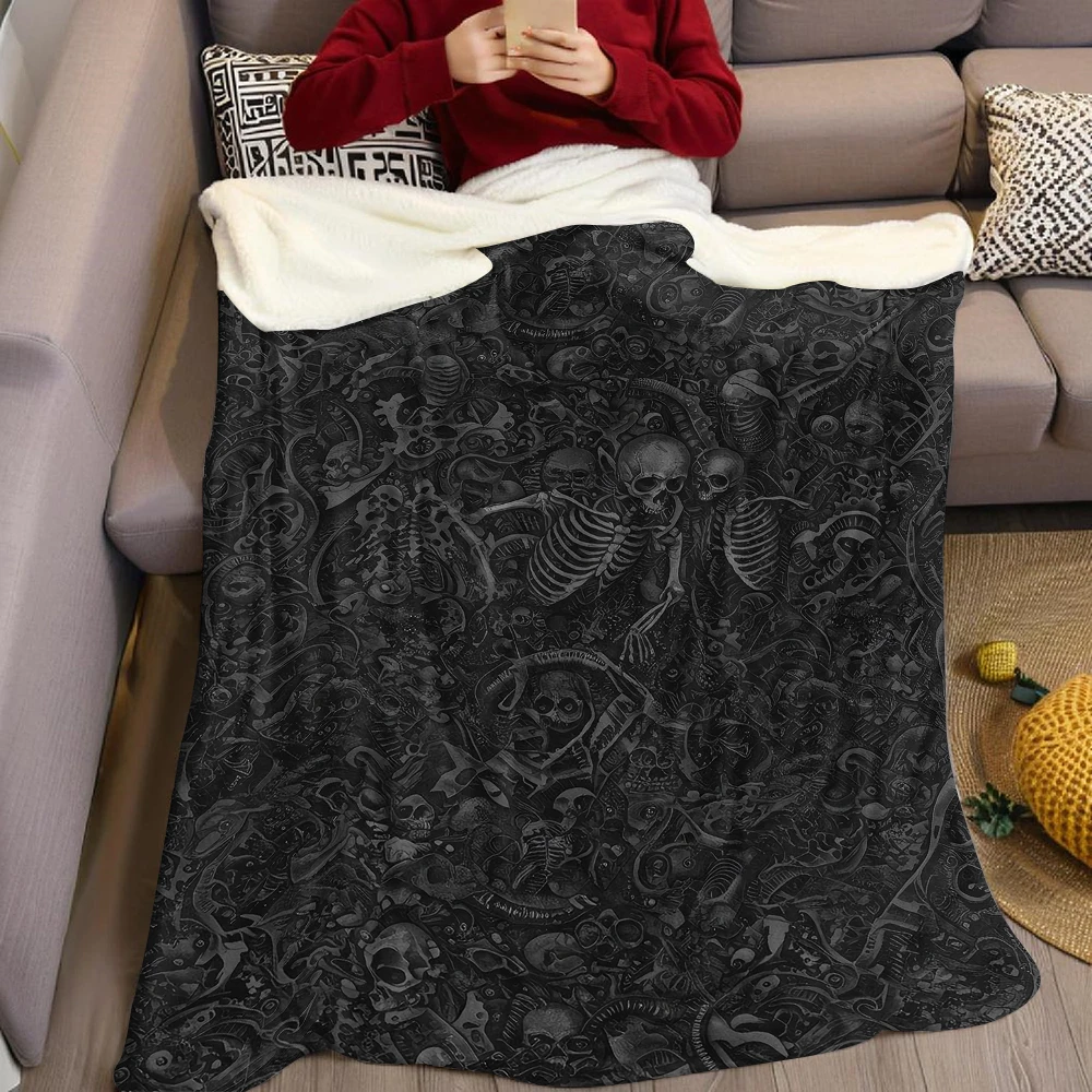 Black Skull & Bone Flannel Blanket Warm Soft Halloween Christmas Couch Warm Cozy Decorative Decor Gift for All Season