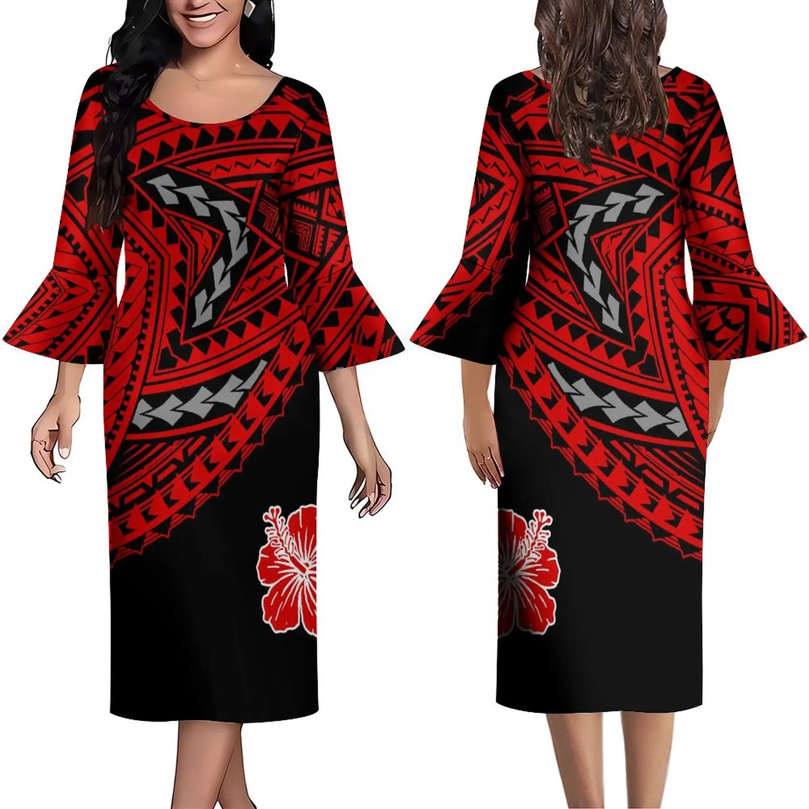 

2024 Luxury Design Flared Sleeve Crew-Neck Dress Samoa Polynesian Tribe Designed Slim-Fit Maxi Dress