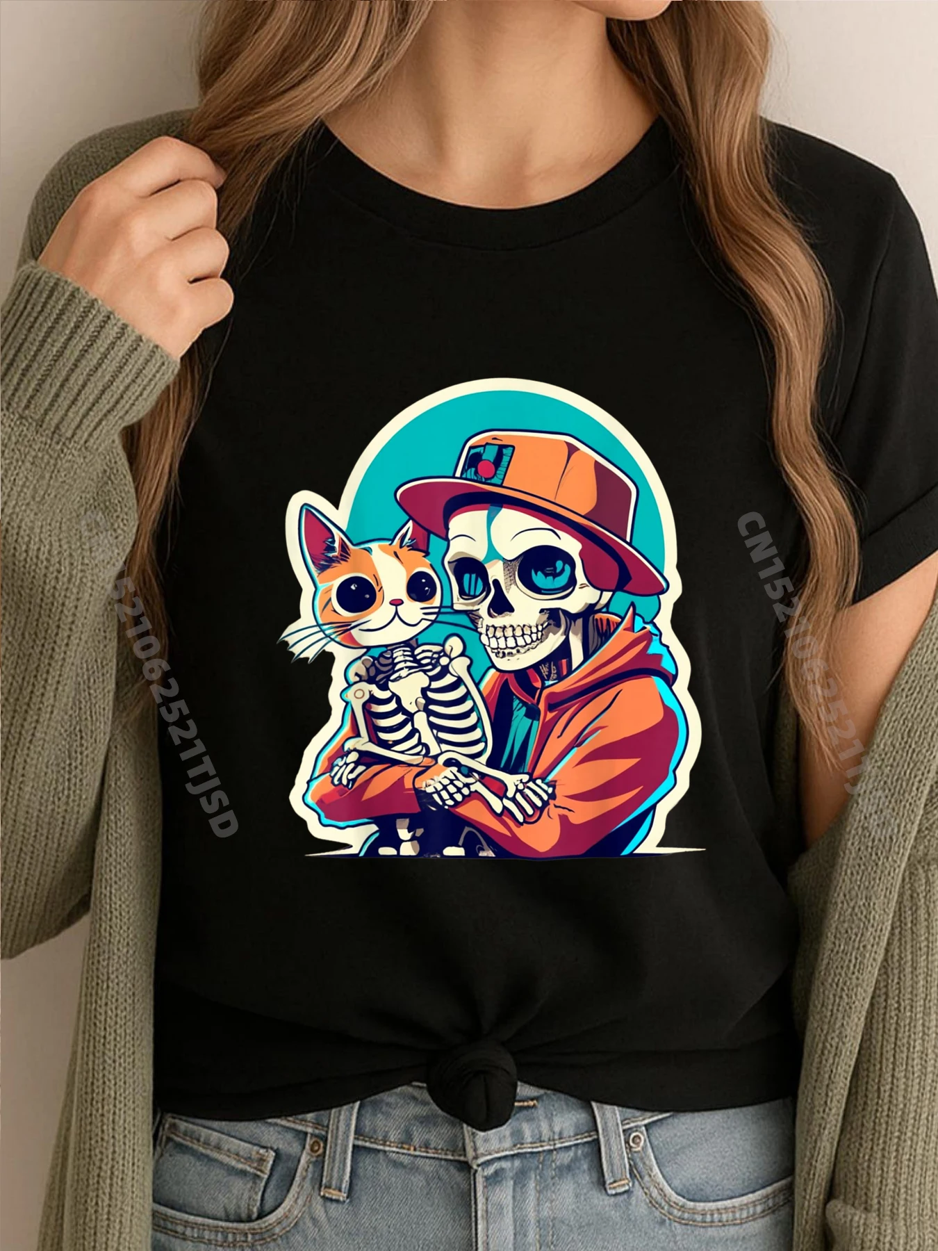 

Аниме скелет держит кот рубашка ленивый костюм на Хэллоуин милая футболка большого размера футболка Homme Camisetas Hombre