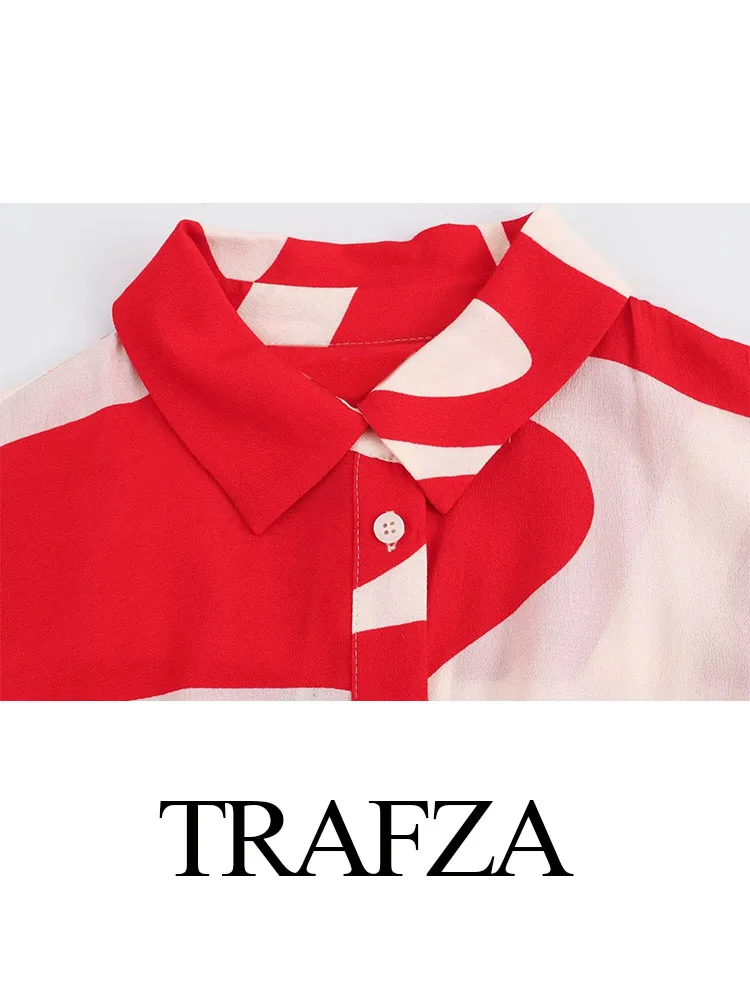 TRAFZA 2024 Female Vintage Long Dress Red Turn-Down Collar Three Quarter Sleeves Belt Single Breasted Summer Dress Woman Trendy