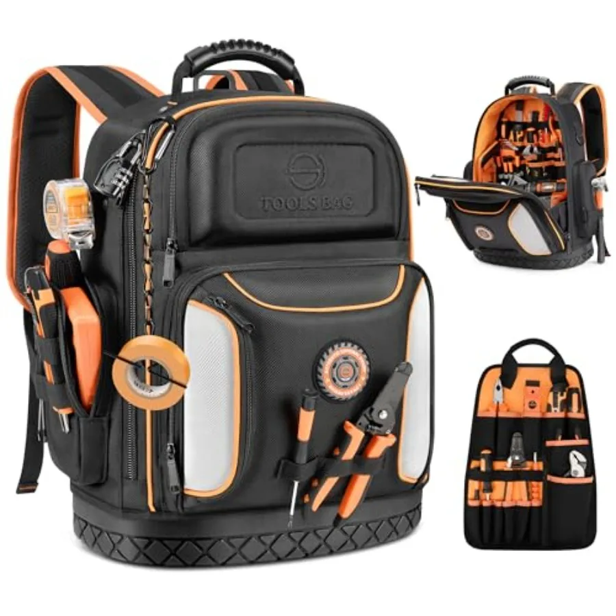 14.6 Inch Tool Backpack, 75 Pockets and Loops Heavy-Duty 1680D Molded Base Tool Bag with Combination Lock for Electrician, HVAC