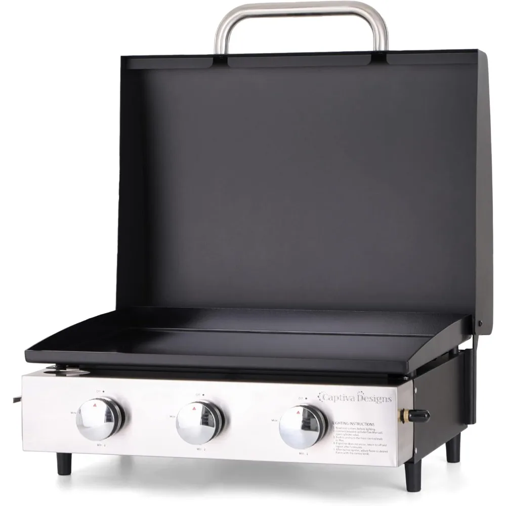 22 Inch Flat Top Grill with Ceramic Coated Cast Iron Pan, 3 Burners Portable Tabletop Propane Gas Griddle Grill