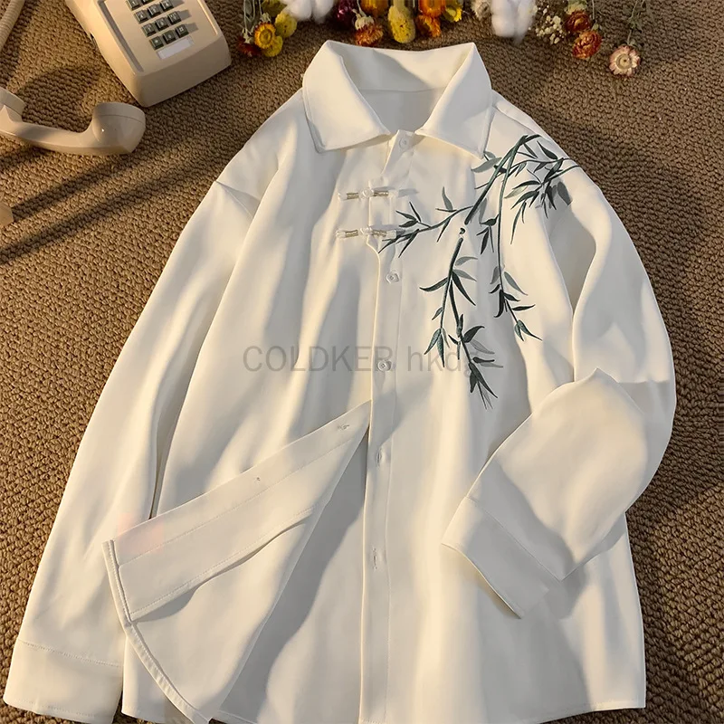 

2025 Elegant White Black Long Sleeve Shirt with Bamboo Embroidery Men Shirts Summer Casual Chinese Style Loose Fit Blouses Tops