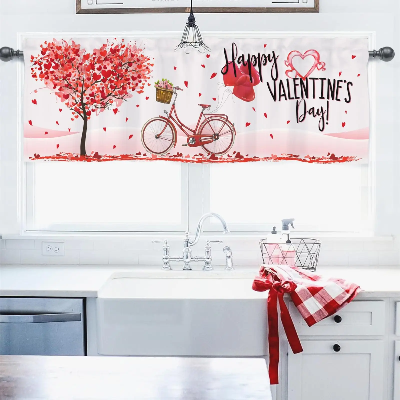 Happy Valentine’s Day Heart Tree Bike Kitchen Curtains Valance Rod Pocket, Valentines Home Living Room Bedroom Bathroom Decor ﻿