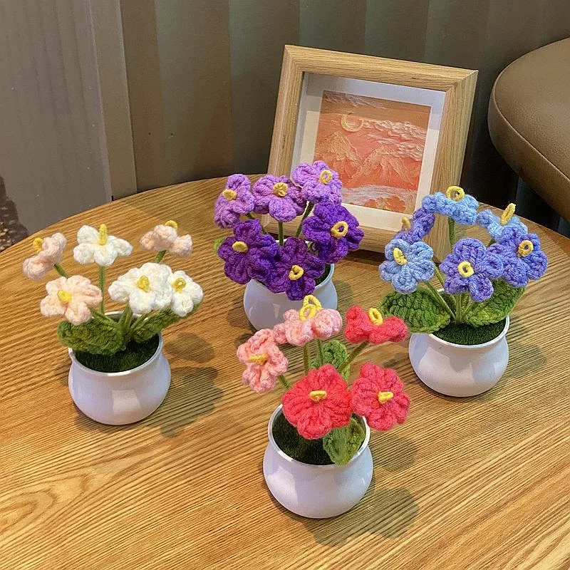 DIY Mini Potted Rose Flower Handwoven Artificial Flores Desktop Ornamental Potted Plant Woolen Thread Home Decor