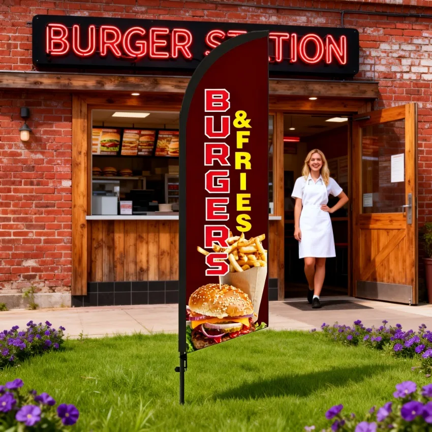 Burger Shop Feather Flag Banner 6.5Ft, Durable Double Sided Polyester Outdoor Advertising Sign for Promotion