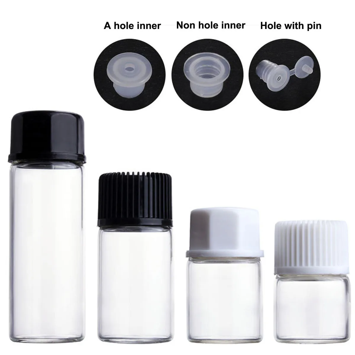Butelki szklane z reduktorem otworu 10X 50X, przezroczyste, małe butelki z drobnym otworem, mini fiolki, próbki perfum, olejków eterycznych, 1ml ~ 10ml