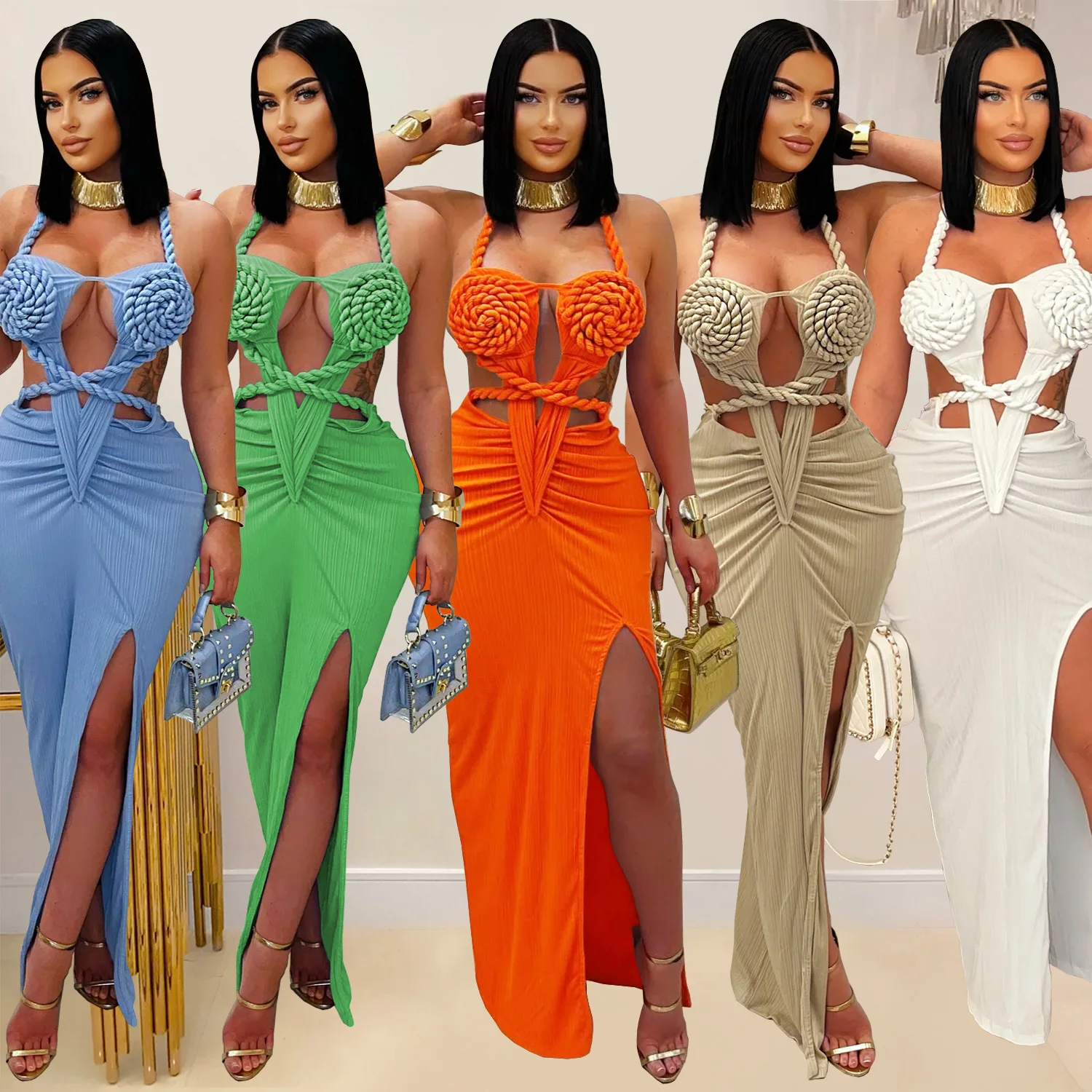 

Women's Sexy Knitted Halter Neck Backless Solid Color Dress