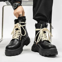 Mens 2024 Work Boots British Style Thick Sole High Top Boots Autumn Leather Black Short Boots Zippered Motorcycle Shoes for Men