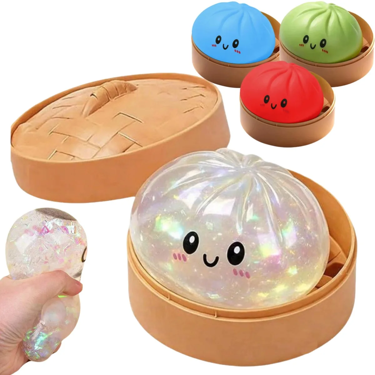 Glitter Dumpling Squishy Toy,with Steamer Box,Cute Colorful Dumpling Squishies Slow Rising Stretchy Toy Anti-Anxiety Desk Gift ﻿