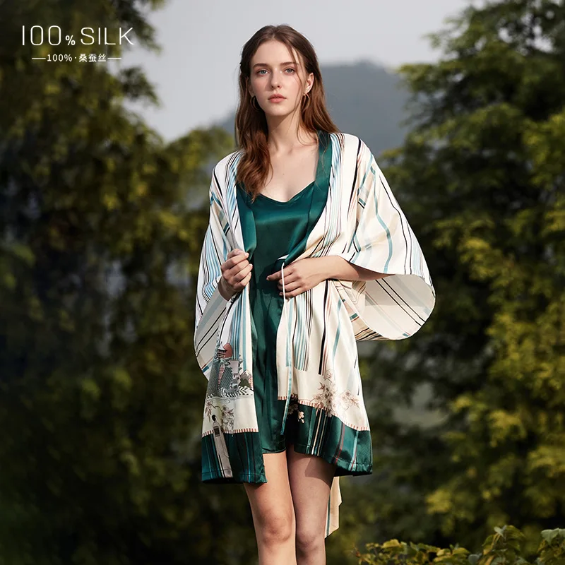 

Printed 19MM 100% Mulberry Silk Nightdress Bathrobe Set 2 Pcs Women's Sexy Chemise Nightgown Kimono Sleepwear Set Lingerie PJS