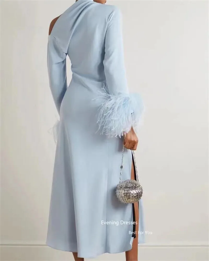 LISM Baby Blue Prom Dress Dubai Feathers Full Sleeves Formal Occasion Dresses Robes De Soirée Saudi Arabic Women Custom Vestidos