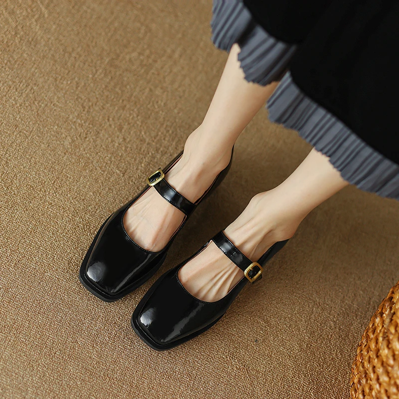 2024 New Women Shoes Genuine Leather Square Toe Med Heel Spring Shoes Mature Sweet Dating Buckle Strap Mary Janes Women Pumps