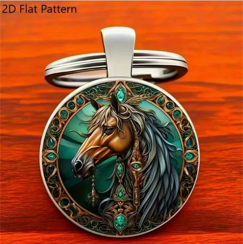 Fashion New 2D Glass Time Gem Horse Racing Keychain Men Car Keyring Women Bag Key Ring Wedding Trinket Girl Party Gift K13