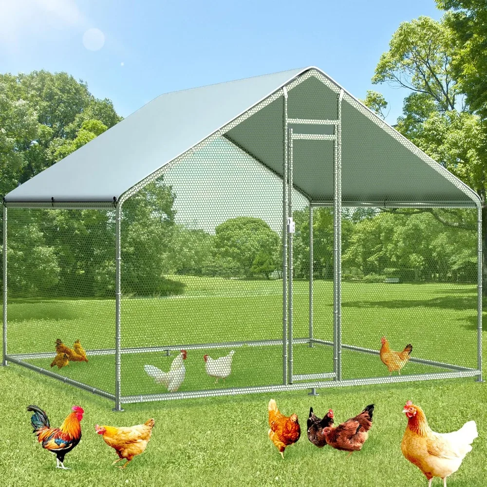 

Large Metal Chicken Coop Run for 6/8/10 Chickens,Heavy Duty Walk-in Poultry Cage with Cover,Outdoor Hen Rabbit Chicken Run in