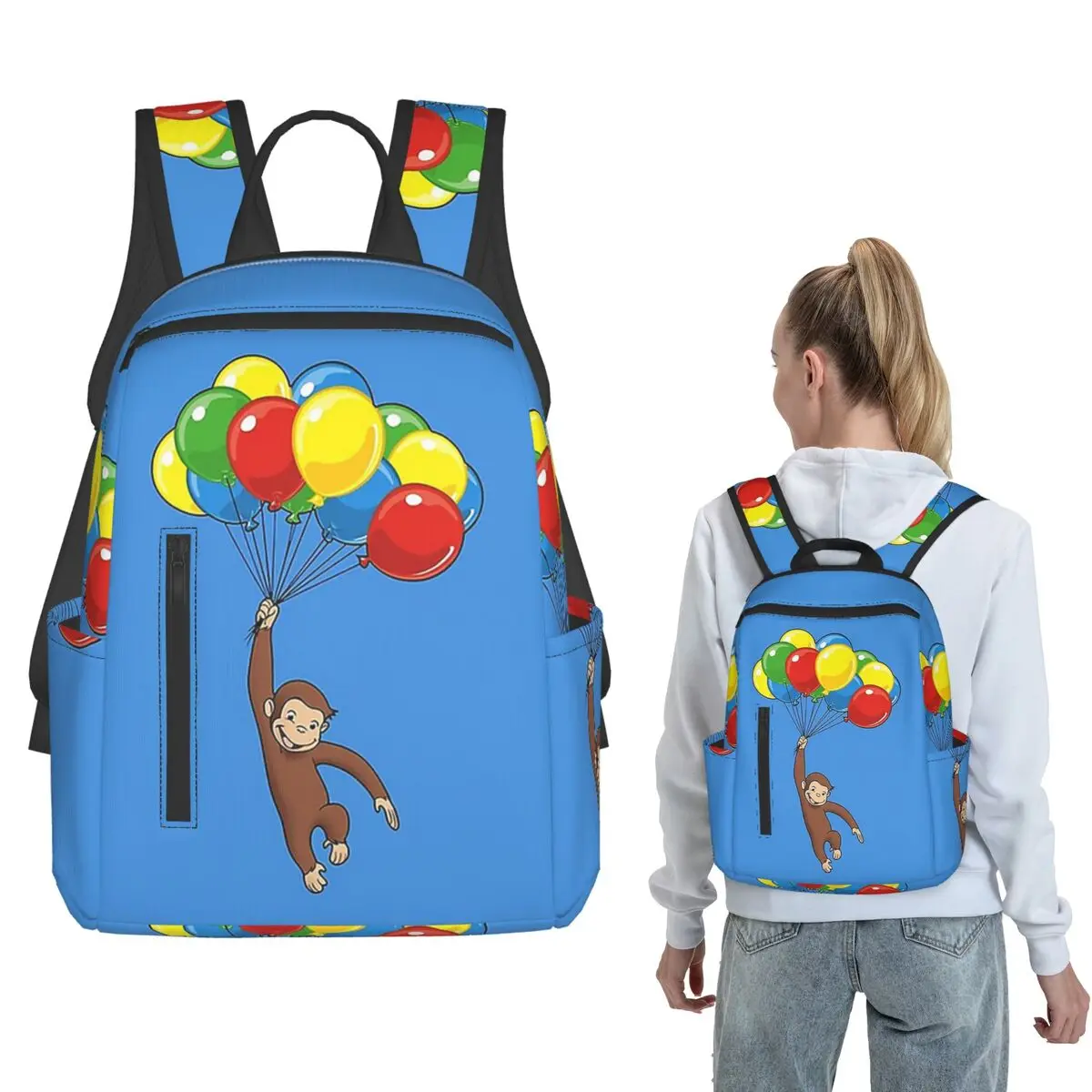 Curious George With Balloons Backpack Daypack Boys Girls BookBag School Bag Shoulder Bags for Men Women