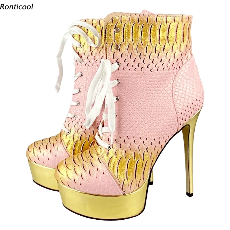 

Ronticool 2021 Women Modern Ankle Boots Winter Sexy Snake Stiletto High Heels Round Toe Pink Night Club Shoes Plus US Size 5-20