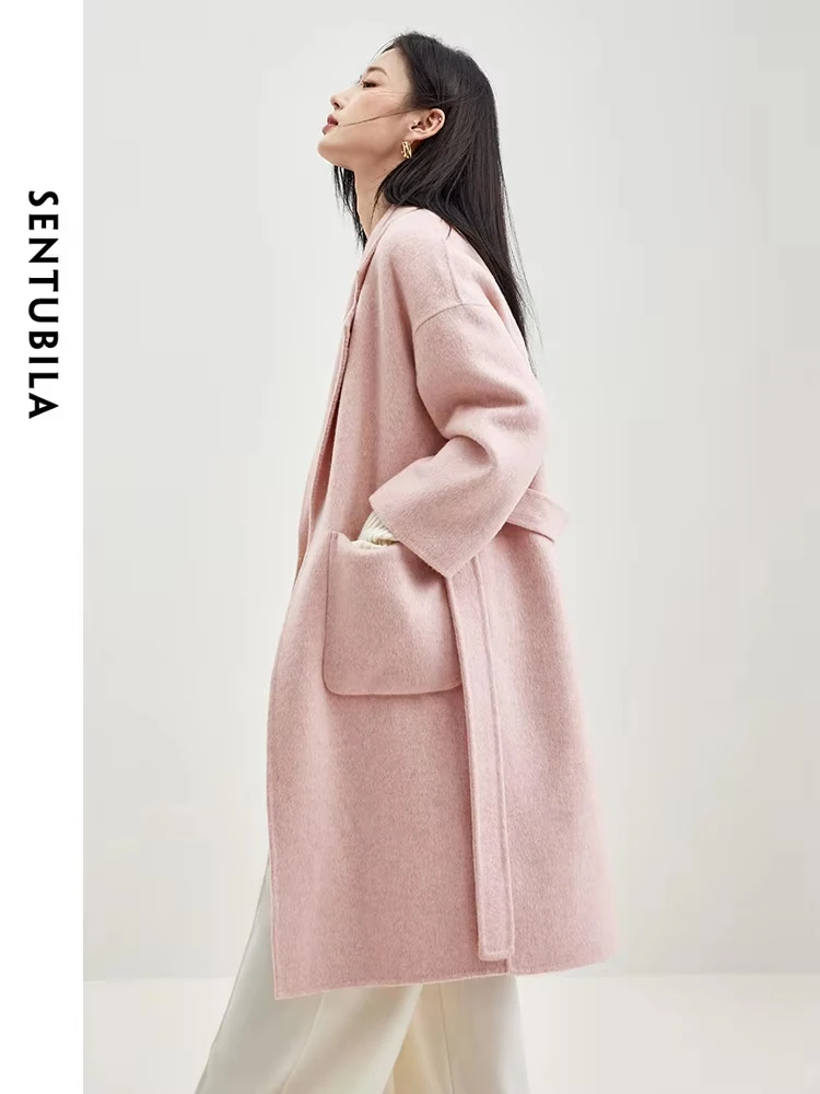 

SENTUBILA Office Lady Double Sided Woolen Coats Women Autumn Winter 2024 Wool Blend Jackets Warm Overcoats with Belt W34O51083