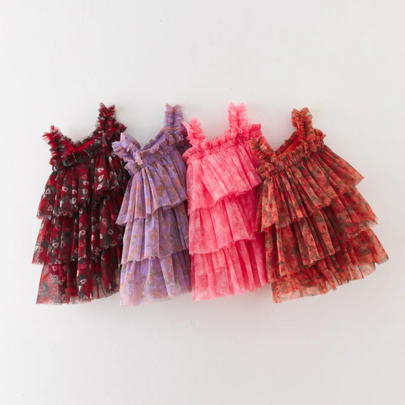 Sleeveless Children's Cake Dress Princess Girls Mesh Dance Tutu Dresses Birthday Baby Photography Dress Suspender Dress 1-7Y
