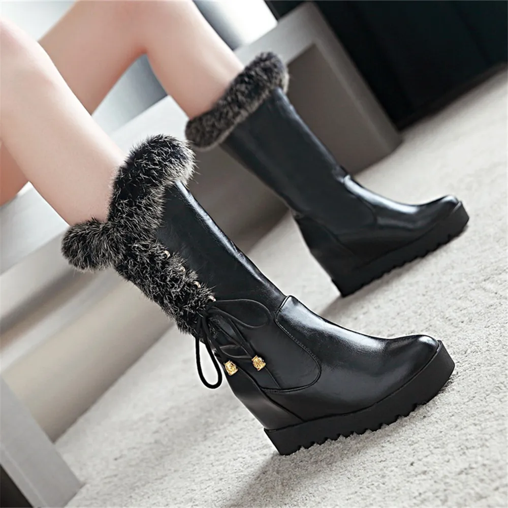 2024 Winter Womens Snow Boots Warm Fur Mid Calf High Boots Lace-up Female Shoes Female Cute Padded Boots Zapatos de Mujer 33