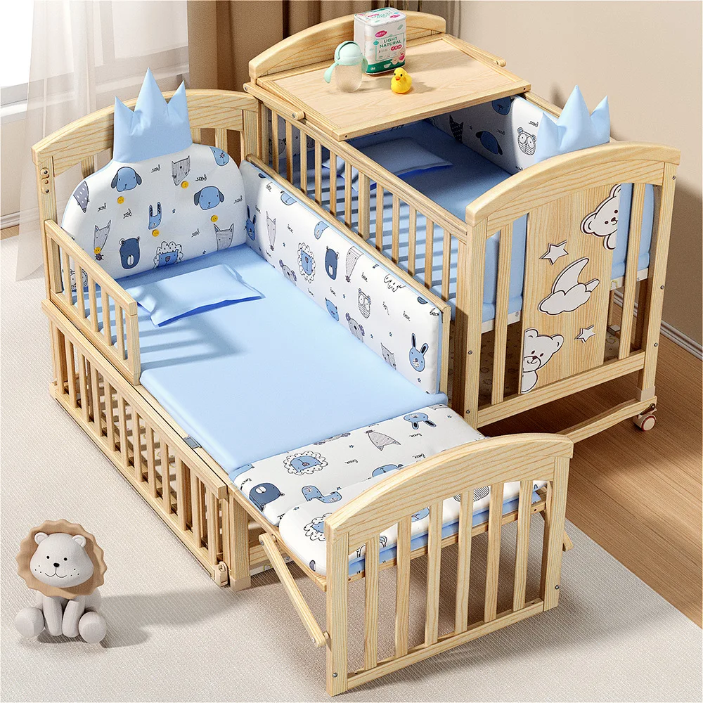 New 2023 Solid Wood Baby Crib Adjustable Wheels Comfortable Baby Cradle Beds For Newborn