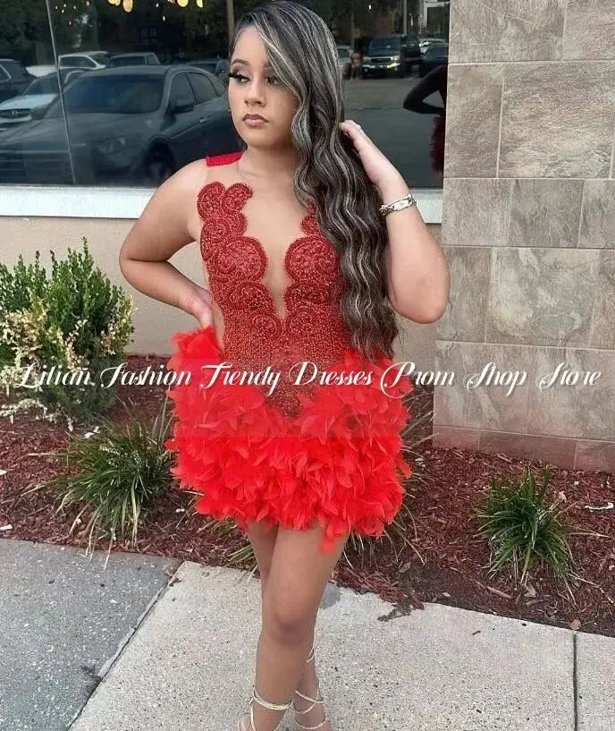 Red Luxury Short Prom Homecoming Dresses Sparkly Diamond Crystal Feather Birthday Party Gown robe de soirée de luxe 2024