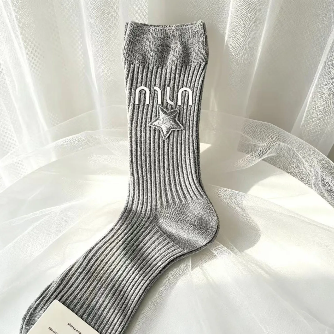 Glitter Metallic Thread Mid‑Calf Socks Women Star Applique Ribbed Knit Sweet JK Preppy Casual Daily Party Fashion Accessory Gift
