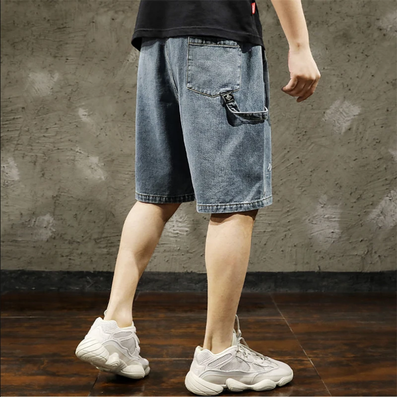 Cargo Jeans Men Short Pants Summer Leisure Elastic Waist Straight Knee Length Pants Men's Fashion Printed Denim Pants