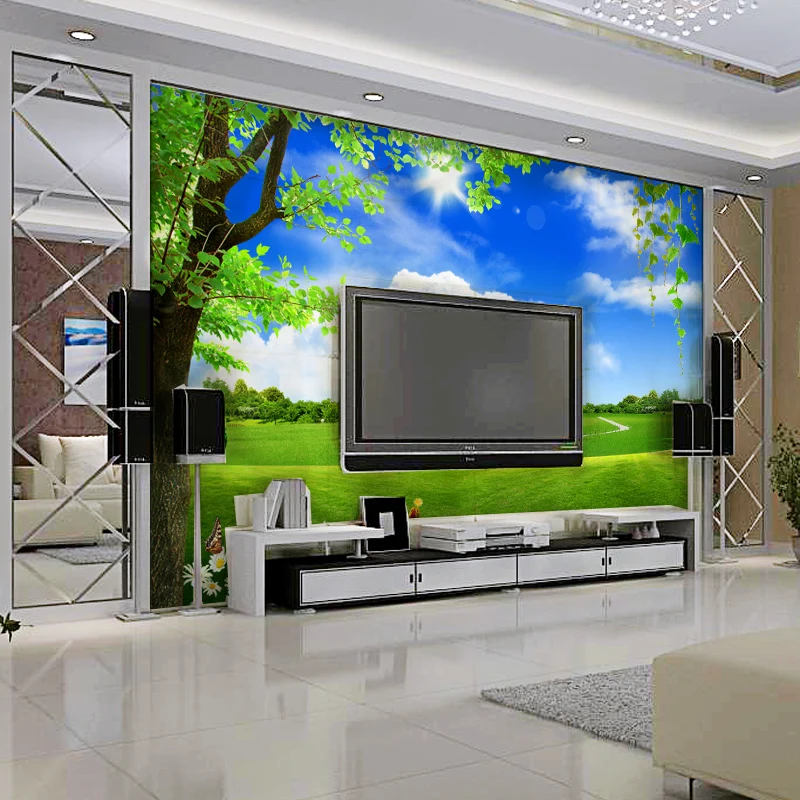 custom 3D Mural blue sky white cloud wallpaper garden grass landscape living room TV background wall extension space green 8d