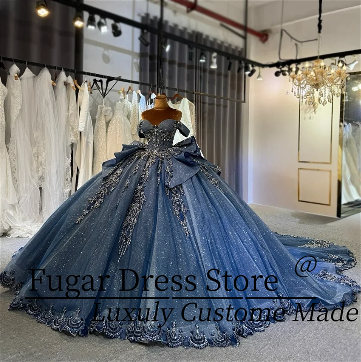 Customized Princess Navy Blue Quinceanera Dresses Sexy Off the Shoulder Florals Sweet Court Train Vestidos de 15 quinceañe