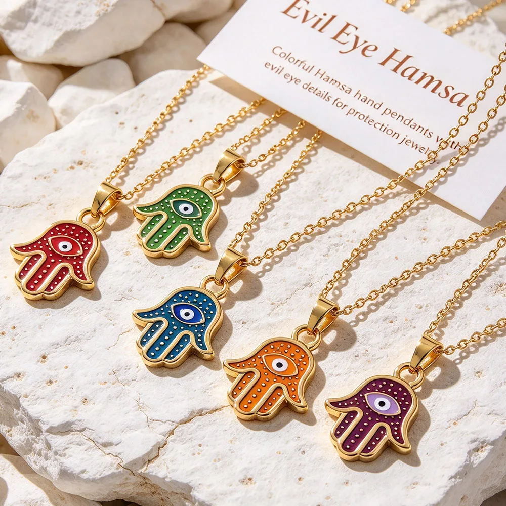 1pc Enamel Hamsa Hand Evil Eye Pendant Necklace Stainless Steel Fatima Hand Fatima Chain Lucky Protection Jewelry Gift For Women