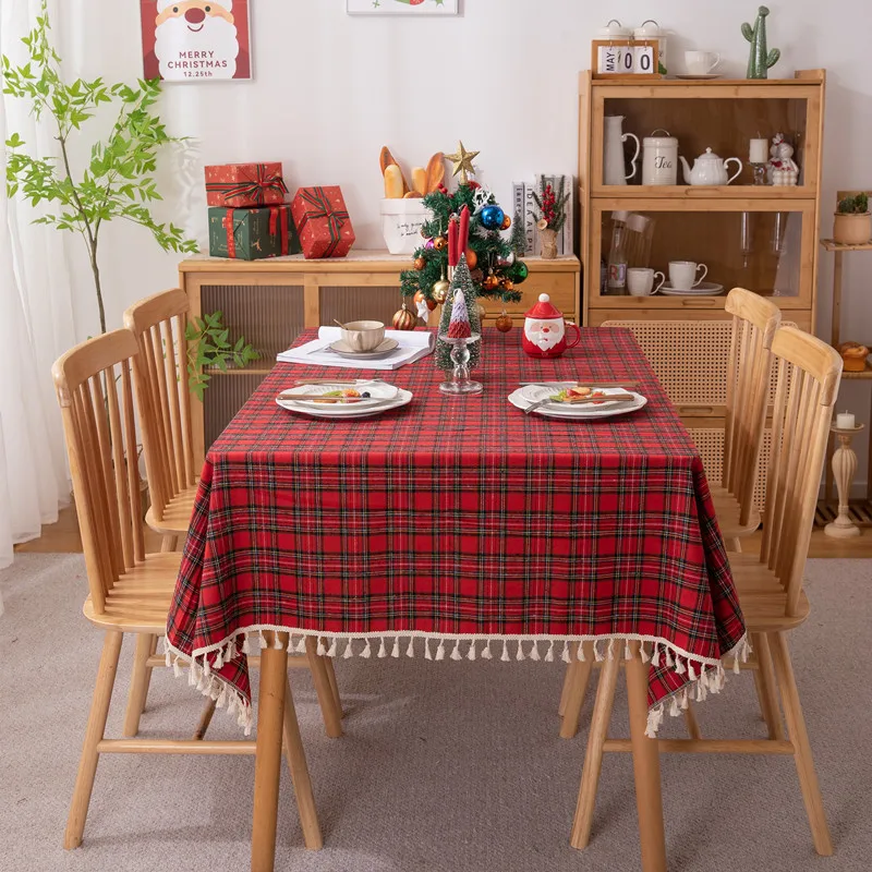 

2024 New Year Tablecloth Red Plaid Photo Atmosphere Resort Home Textile Christmas Table Cover for Family Gathering Restaurant