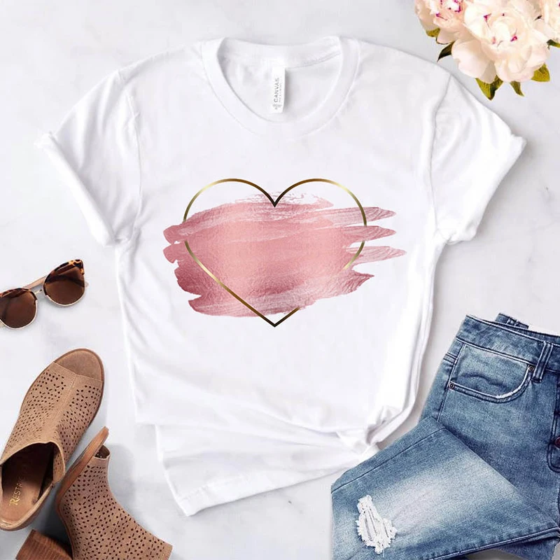 T-Shirt da donna con stampa floreale a cuore maglietta da donna Casual con colletto tondo maglietta con stampa grafica Love T-Shirt bianca manica corta