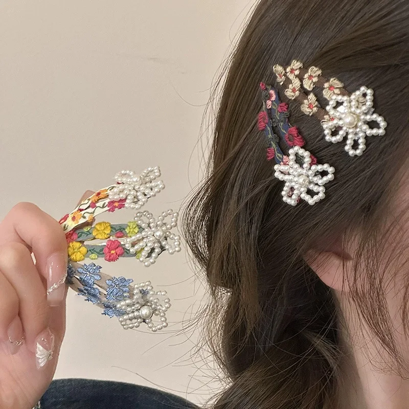 2pcs/set Chinese Style Embroidery Hair Clips Large Flower Shaped Pearl Bang Side Clips Sweet Korean Barrettes For Summer