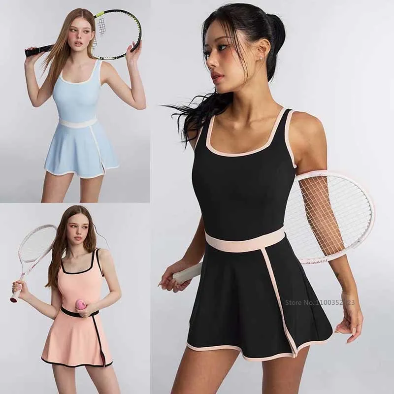 Women Color Blocked Tennis Yoga Dress Sleeveless Fitness Dress with Bra and Short Ladies Backless Lace Up Sportswear Short Skirt