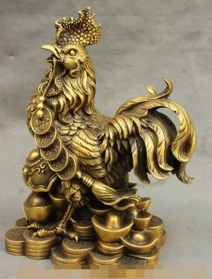 12 Lucky Chinese Pure Bronze Wealth RuYi Coin YuanBao Zodiac Cock Rooster Statue