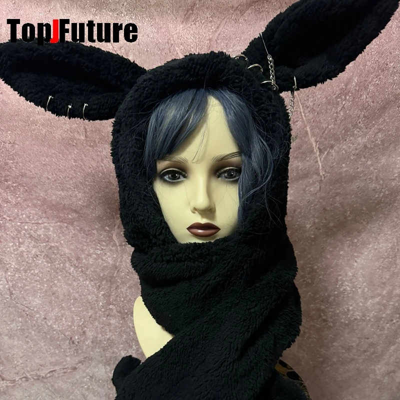 Japanese Harajuku Y2K Girls Long Rabbit Ear Hat Gothic Black Cross Chain Lambswool Winter Warm Hooded Scarf Caps Streetwear Hats