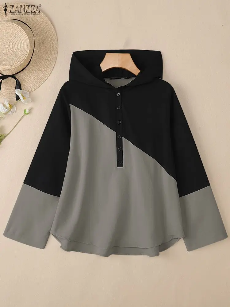 

ZANZEA Color Blocked Hooded Women Blouses Long Sleeve Half-Buttons Blouse Fall 2025 Lightweight Chic Woman Tops Streetwear S-3XL