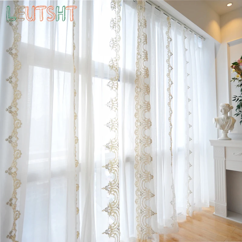 French Light Luxury Princess Style Semi-transparent Three-dimensional Embroidery Embroidered Beads White Lace Window Curtain