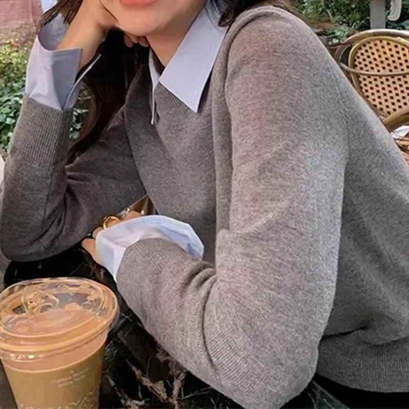 

Lapel Sweater Autumn New Fashion Casual Lady Sweaters Contrast Color Fake Two-piece Knitted Women Pullover Elegant Chic